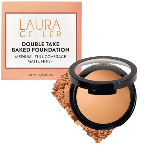 LAURA GELLER NEW YORK Baked Double Take Powder Foundation - Golden Medium - Buildable Medium to Full Coverage - Matte Finish