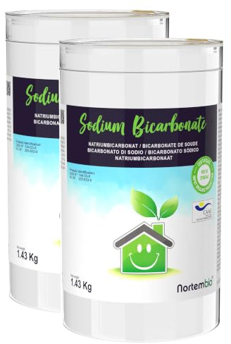 Nortembio Bicarbonato de Sodio Sin Aluminio 2 x 1,43 Kg 100% Natural para Limpieza Multiusos. Elimina Olores y Suciedad. Cocina, Baño, Textiles. E-Book Incluido