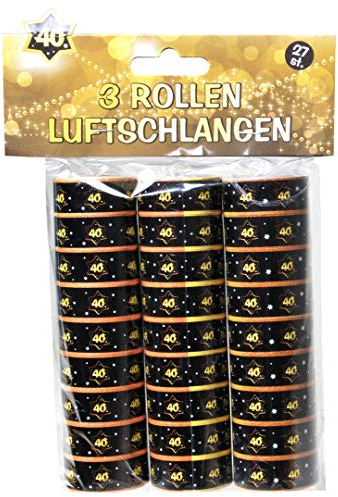 3er PACK PAPIER LUFTSCHLANGEN 40 3-tlg. 40.GEBURTSTAG MOTIV: schwarz gold Deko