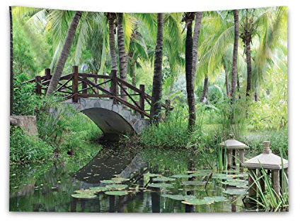 ABAKUHAUS Zen Garten Wandteppich, Park in Südchina aus Weiches Mikrofaser Stoff Waschbar ohne Verblassen Digitaldruck, 150 x 110 cm, Braun Grün