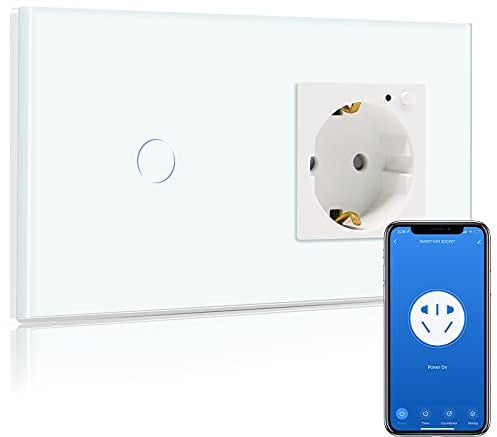 BSEED Smart Alexa Lichtschalter,WIFI Lichtschalter mit Steckdose Kompatibel mit Alexa,Google Home, Glas Touchscreen-schalter,Smart Lichtschalter 1 Fach 1 Weg Weiß(Neutrale Leitung benötigt)