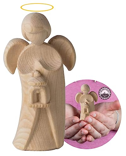 4betterdays.com NATURlich leben! Klassischer Schutzengel aus Zirbenholz - mit Laterne - Höhe 9cm - Geschenk zur Kommunion - Schutzngel Holz - Handwerk aus Südtirol
