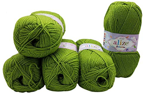 5 x 100g Strickwolle Alize Bebe einfarbig, 500 Gramm Wolle zum Stricken und Häkeln (grün 210)