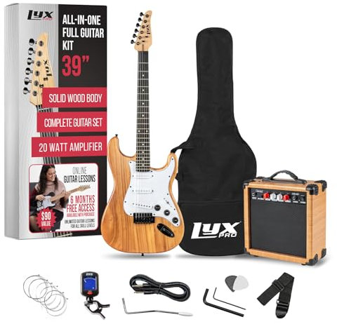 LyxPro Chitarra elettrica da 99 cm per principianti, kit completo con amplificatore da 20 W, la confezione include tutti gli accessori, accordatore digitale, corde, plettri, barra tremolo, tracolla e