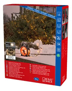 Konstsmide Micro LED Lichterkette mit Kabelaufroller, schwarz-rot, 400 warm weiße Dioden, 30V Außentrafo, 6W, schwarzes Soft-Kabel - 3834-107