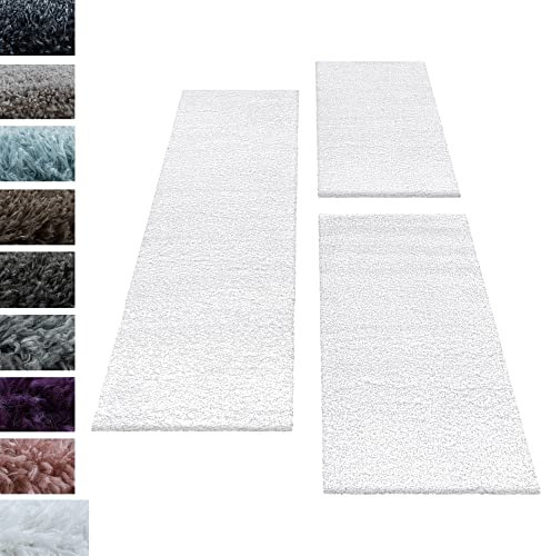 Carpettex Bettumrandung Schlafzimmer 3teilig Shaggy Teppich Hochflor Läuferset Design Weiss Bettset:2 mal 60x110 + 1 mal 80x250 - Bettvorleger Schlafzimmer Weich Langflor Bettumrandung Teppich Set