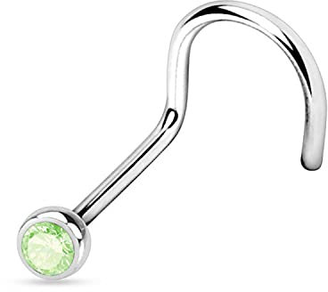 WARRIOR Piercing Nez Sterile Titane Nez Stud Courbé Nez Pin avec Cristal Tchèque Boule Vert Clair 22G (0.8mm) Longueur 6.5mm x 2.5mm