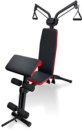 Ultrasport multifunktionaler Krafttrainer, für vielseitige Workouts und Ganzkörpertraining, mit Flaschenzug/Widerstandsbänder-Erweiterung und Curl-Pult, Farbe: schwarz-rot