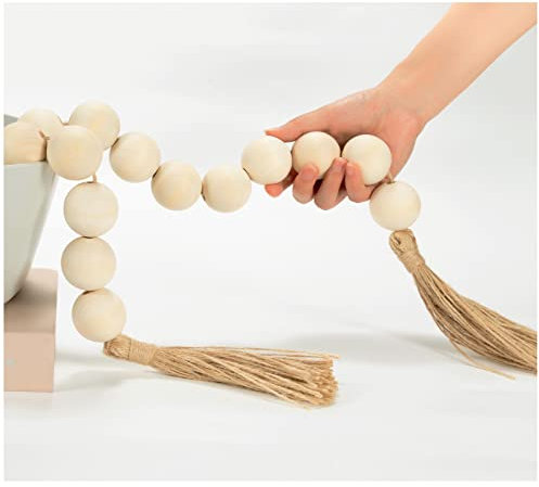 OMISHE Große Holzperlen-Girlande mit 4.1 cm Durchmesser, Holzperlen und Quasten, dekorative Perlen, Boho-Dekorationen für Zuhause, 104.1 cm lang, Girlande für Zuhause, abgestufte Tablett-Dekoration