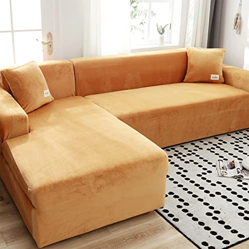 NDPOS Samt Plüsch Sofahusse Jacquard Sofabezug Modernen Sofa Überwürfe Für Wohnzimmer Strecke rutschfest Sofatuch Für L-Form Schnittsofa-Orange 2+3 sitzer