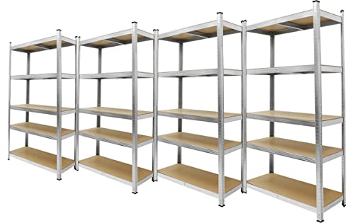 ECD Germany 4 Stück Werkstattregal Schwerlastregal - 180x90x40 cm - Metall verzinkt - belastbar bis 750kg - 5 MDF-Platten - Lagerregal Steckregal Kellerregal Garagenregal Metallregal Regal Werkbank