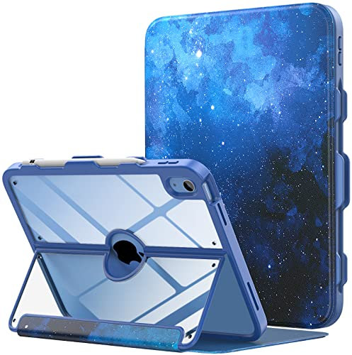 MoKo for iPad 11-inch (A16) 11th Generation Case 2025/ iPad 10th Generation Case with Pencil Holder 2022 10.9 inch, Built-in Screen Protector Clear Back, Multi Angle Viewing Stand,Blue Starry Sky