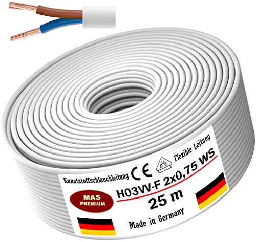 Cable flexible de plástico H03VV-F 2G0,75 de 5 a 100 m, Cable Eléctrico 2 Hilos, Color Blanco (25 m)