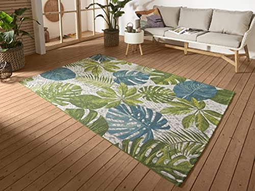 Hanse Home Tropical Leaves In- & Outdoor Teppich – Flachgewebe Aussenteppich, Jungel Palmen Blätter Design, ÖKO-TEX Wetterfest & UV-beständig für Balkon, Terrasse, Garten – Türkis Grün, 80x165cm