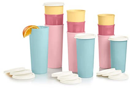 New Tupperware Vintage Get It All Trinkglas, 266 ml, 340 ml und 473 ml, 12 Stück mit Dichtungen