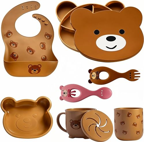 Babyhiro Juego de comida de bebé de silicona, juego de 7 piezas, cuenco con ventosa, platos divididos, babero ajustable, vasos para aperitivos, vasos, cubiertos para bebés a partir de 6 meses, sin BPA