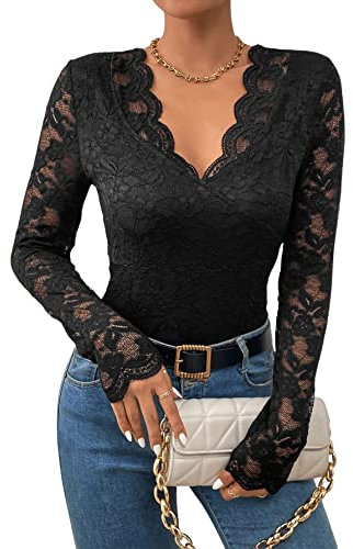 GORGLITTER Damen Body Spitzen Bodysuit Durchsichtig Blusenbody Trachtenbody Langarm Dirndlblusen Spitzenbody mit V-Ausschnitt Schwarz XS