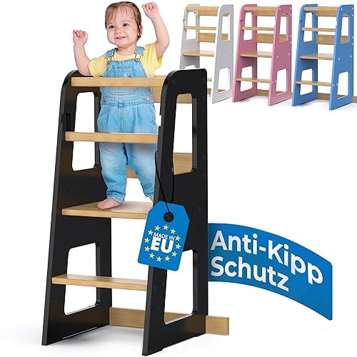 Schwanfeld® Lernturm ab 1 Jahr [ANTI KIPP SCHUTZ] - inkl. Montagezubehör - Montessori Lernturm aus zertifiziertem Massivholz (bis zu 50kg belastbar) - Learning Tower 3 Level (höhenverstellbar)