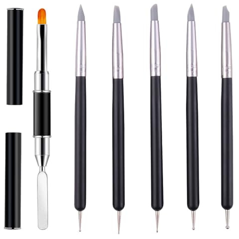 5 Pcs Silicone Nail Art Sculpture Pen with 1 Pcs Dual-Ended Brush