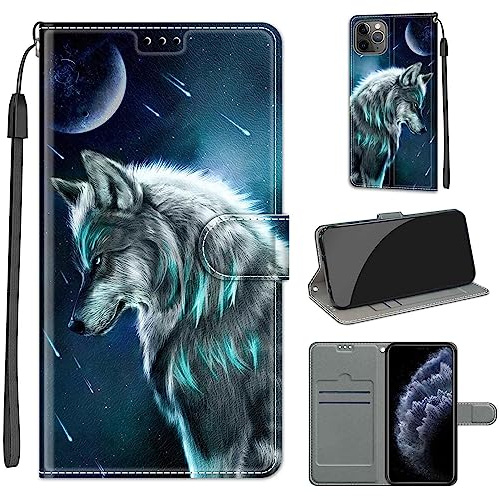 TOMYOU PU Leather Wallet Case for iPhone 11 Pro Max, Wolf | Pouch Design, Book Flip Folio, Magnet Closure, Kickstand, Card Slots, Wrist Strap Lanyard, Pattern Style