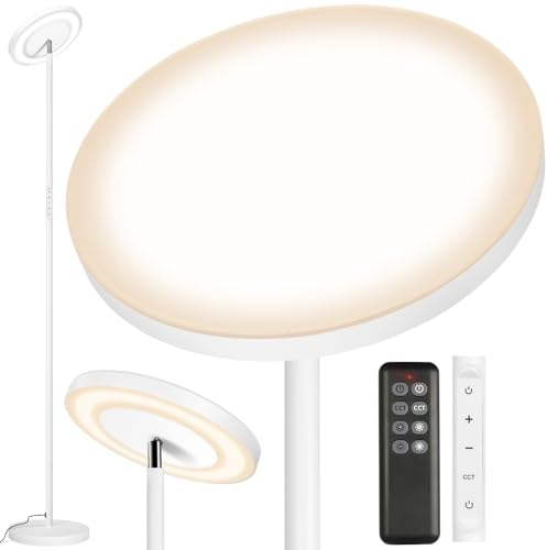 OUTON LED Dimmbar Deckenfluter 34W, Doppelte Seitenbeleuchtung Stehlampe Wohnzimmer, Tageslichtlampe Stehlampe mit Fernbedienung & Touch-Steuerung, 4 Farbtemperatur für Schlafzimmer Büro, Matt Weiß