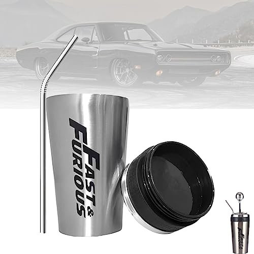 UANACIA Fast and Furious Cup, Fast and Furious 10 Vasos, Vasos Estilo Palanca de Cambios con Pajita y Tapa, Vaso de Agua de Acero Inoxidable de 500ml, Fanáticos del Cine