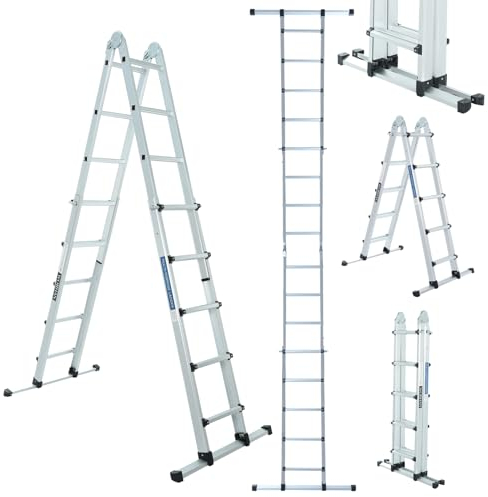 WORHAN Scala Telescopica Estensibile 555cm Telescopica Alluminio con Stabilizzatore Pieghevole Versatile Robusta Scaletta 5.55m LG5.5