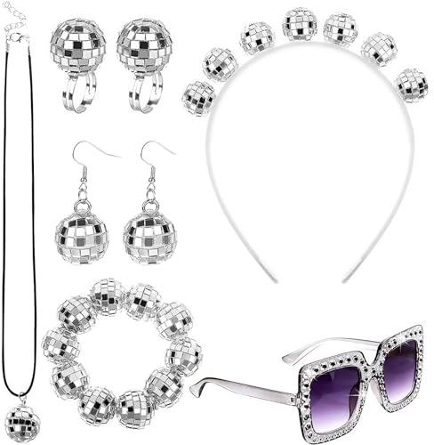 7 Pcs Sparkling Disco Ball Earrings Set, with Rings, Necklace, Headband, Bracelet and Glasses, Vintage Party Accessories for Women