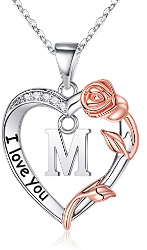 TINGN Geschenke für Valentinstag, 14K Weißgold Vergoldet Rose Kette mit CZ Herz Anhänger Initiale M Kette Damen Buchstaben Halskette Silber Kette Damen Geburtstags Geschenke für Frauen Damen