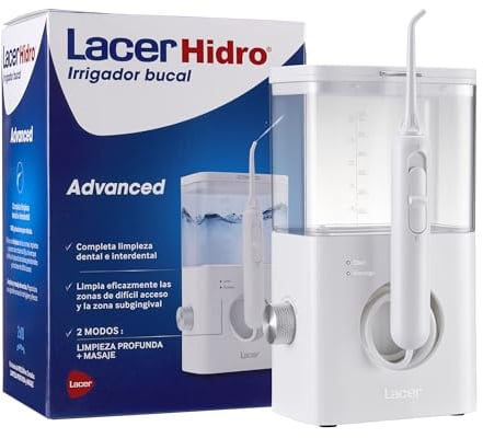 LACER Hidro Advanced Munddusche mit 4 Nachfüllungen, elektrische Bürste und Mundspülung, Tiefenreinigung, Zahnfleischmassage, reinigt Lingual- und Subgingivalbereich, 10 Druckstufen, Weiß