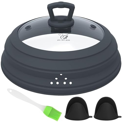 Couvercle anti-éclaboussures en verre pour micro-ondes de 30 cm avec poignée - Couvercle pliable en silicone avec grille d'aération pour casserole, assiette et bol (gris)