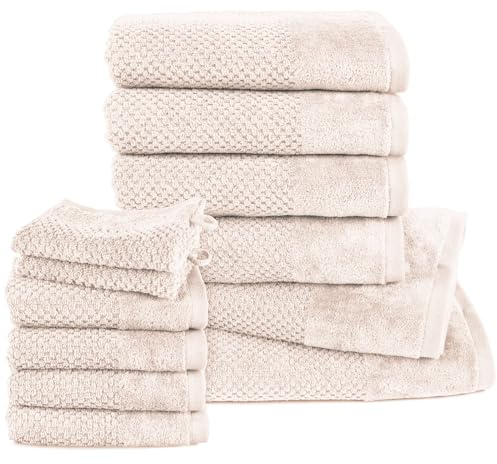 Pure Label 12.TLG. Handtücher Set aus 100% Baumwolle, saugstark und weich - 2X Badetuch (70x140 cm) 4X Handtuch (50x100cm) 4X Gästetuch (30x50 cm) 2X Waschlappen (16x21 cm), Creme