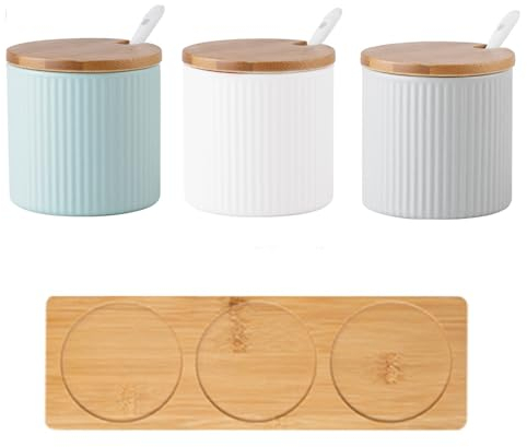 Jarsense Ceramic Sugar Bowl Set of 3, 300ml Sugar Pot with Serving Tray, Colorful Spice Jar with Wooden Lid and Spoon for Salt, Sugar, Coffee, Tea, Seasoning Box for Home Kitchen Coffee Bar