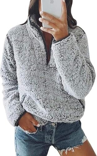 Pullover Damen Fleecepullover Teddyjacke Teddy Flauschiger Teddyfleece Jacke Kuschelpullover Winterjacke Fleecejacke Plüschjacke Kuscheljacke Kapuzenpullover Winter Mit Taschen Top (Z Grau, XXL)