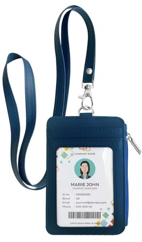 bolimoss Porte-badge 2 en 1 et lanière – Portefeuille en cuir avec 5 emplacements pour cartes, 1 poche latérale à fermeture éclair, porte-clés amovible pour employés de bureau, école, enseignant, bleu