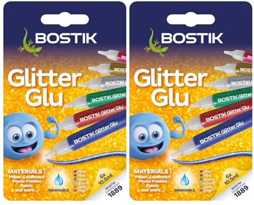 Bostik Glitter Glue Pens for Arts and Crafts, Easy to Use, Less Mess, Washable, Solvent Free,6 Coloured Glue Pens, 2 Pack