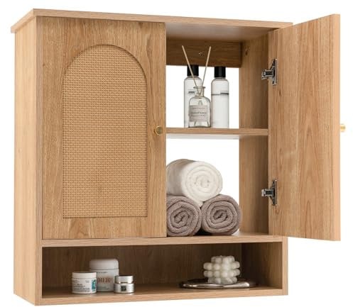 RELAX4LIFE Bathroom Wall Cabinet, Wall Mounted Storage Cupboard with Rattan Double Doors and Open Shelf, Wooden Medicine Cabinet Organizer Unit for Laundry Room Living Room Kitchen Entryway