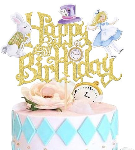 SYKYCTCY 1 Pack Alice in Wonderland Birthday Cake Topper Magical Poker Bunny Bowl Clock Fairy Happy Birthday Cake Pick for Baby Shower Girls Birthday Tea Party Cake Decorations Supplies