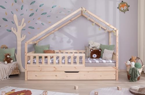 TiCAA Hausbett Bodenbett wandelbar mit asymmetrischem Lou 90/100/120/140x200 cm für Jungen & Mädchen, inkl. Rolllattenrost, Zusatzbett & Rausfallschutz, Montessori Bett aus Kiefer Massivholz