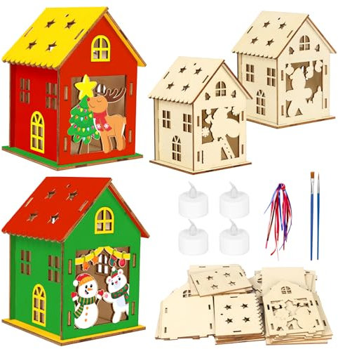 APODESS 4SET LED Teelichthaus Weihnachten Bastelset Kinder Holz Teelicht Haus mit LED Kerzen Teelichthalter Haus Weihnachtshaus Bausatz Teelicht Häuser Weihnachten Basteln Weihnachtsbaum Hängendsdeko
