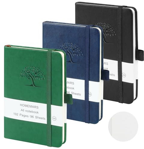 HOMEMARS Notizbuch A6, 3 Stück, a6 Blanko, 14.4cm x 9.6cm Notizblock, Schwarz, Grün, Blau, Blanko, 192 Seiten, Notizheft, Notizblock, Skizzenbuch, Notizbuch Leder, Prägebaum Design