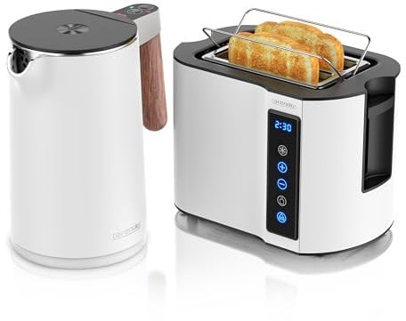 Arendo - Wasserkocher Toaster SET - Edelstahl - Wasserkocher mit Temrpatureinstellung - 45-100 Grad - Warmhaltefunktion - Toaster 2 Scheiben mit Touch Display - mit Brötchaufsatz - Weiß Matt