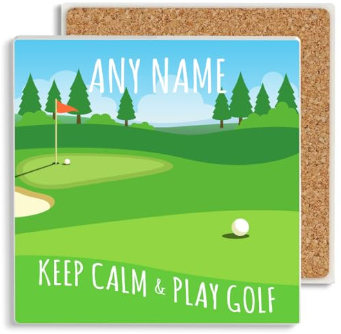 PREZZIFY Personalised Golf Gift Ceramic Drinks Coaster. Any Name or Relative. Keep Calm & Play Golf. Dad Grandad Uncle