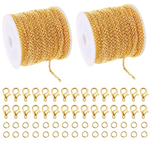 10 m Diy Schmuckkette Gliederkette Gold, Ketten Meterware Basteln | Kette Meterware Schmuckherstellung für Selber Machen, Schmuck Gold Zubehör mit 120 Ringen und 60 Karabinerverschlüssen