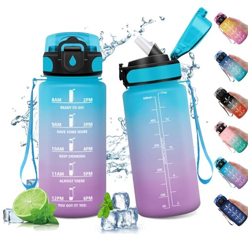 Wasserflasche Sport 500ml, Motivierende Trinkflasche mit Zeitmarkierung, Auslaufsicher Wasserflasche mit Strohhalm, Kohlensäure Geeignet, Sportflasche für Gym, Fitness, Büro, Schule, Yoga, Outdoor