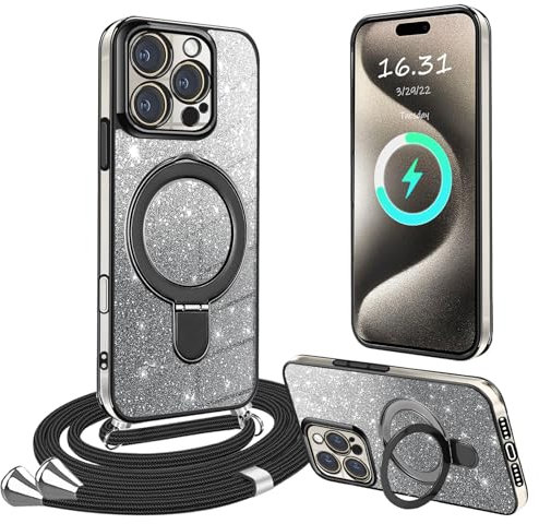 XCYYOO Coque avec Cordon pour iPhone 16 Pro avec Support,[Livré avec DIY Un Support] Protection Transparente Crystal Glitter Sequins Silicone avec Collier Antichoc Étui pour iPhone 16 Pro Housse,Noir