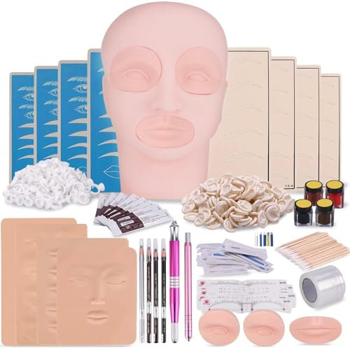 Wimpernverlängerungs Set, Flache Mannequin Kopf Lippen Make-up mit Augenbrauen Blatt Stift, Pigment Tinte Ring, Training Praxis Haut für Microblading Praxis Permanent Make-up