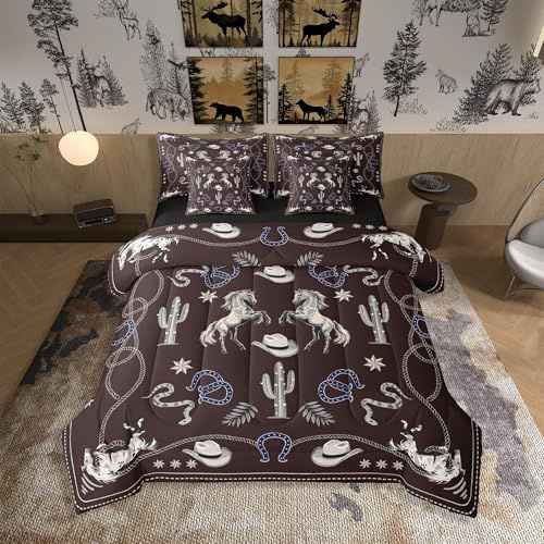 Manfei Western Cowboy Queen Bedding Set 7 Pieces,Rustic Tribal Texas Star Horseshoe Red Brown Comforter Set with Sheets for Kids,Retro Farmhouse Rope Horses Cactus Bed Set in a Bag with Pillow Covers