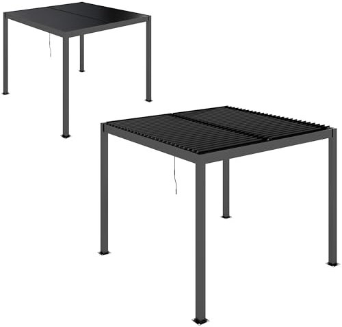 Outsunny Pérgola de Aluminio 3x3 m Cenador de Jardín Gazebo con Techo de Lamas Ajustable y Sistema de Drenaje Impermeable Anti-UV Pabellón para Patio Terraza Balcón Gris Oscuro