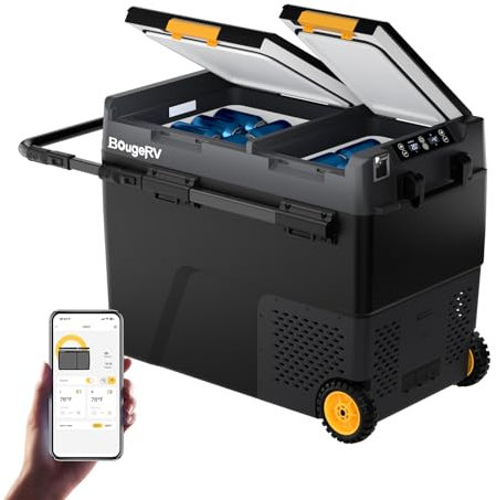 BougeRV CRD2 57L Nevera Portátil Doble Puerta Dos Zonas con Ruedas Congelador Refrigerador Compresor 12/24V 220V Nevera para Coche Camping Viaje Barco Camión APP Control -20 a 20 °C (Asa de Aluminio)